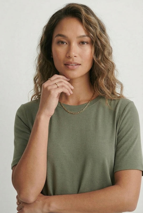 Women's short sleeve and cropped wide-leg pants matching lounge set in Modern Cargo olive green