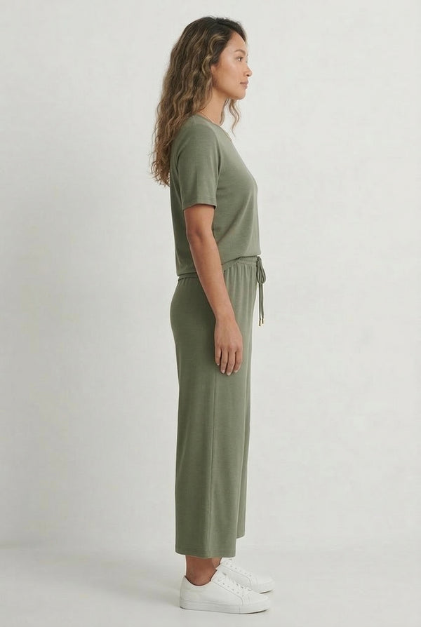 Women's short sleeve and cropped wide-leg pants matching lounge set in Modern Cargo olive green