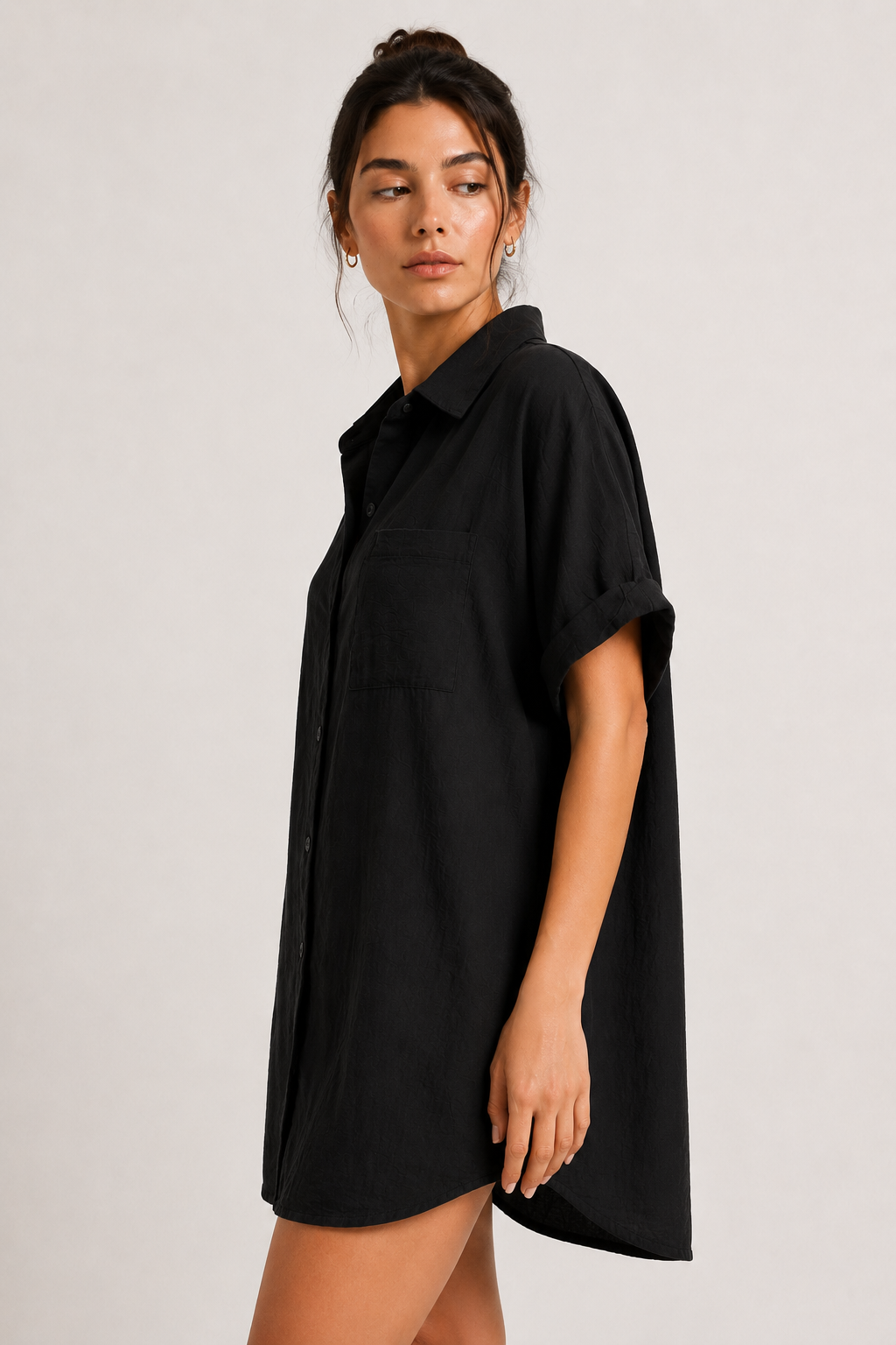 Womens solid onyx black short sleeve button down collared shirt dress