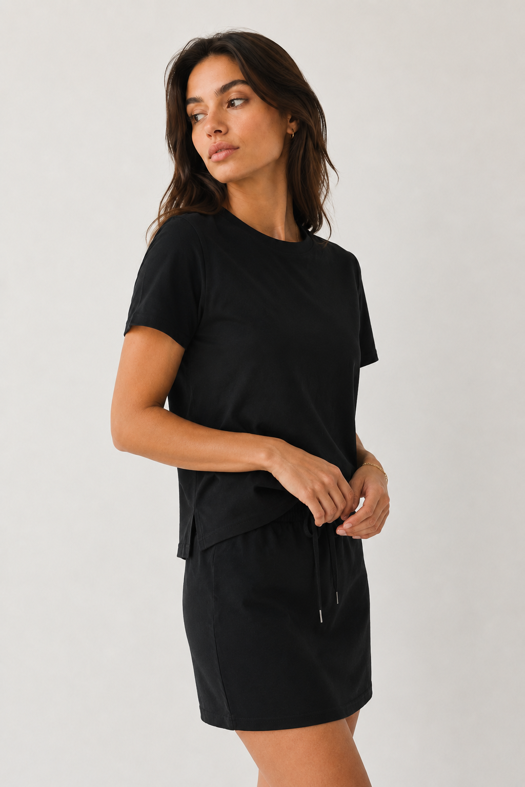 Womens casual solid onyx black short sleeve t-shirt mini dress