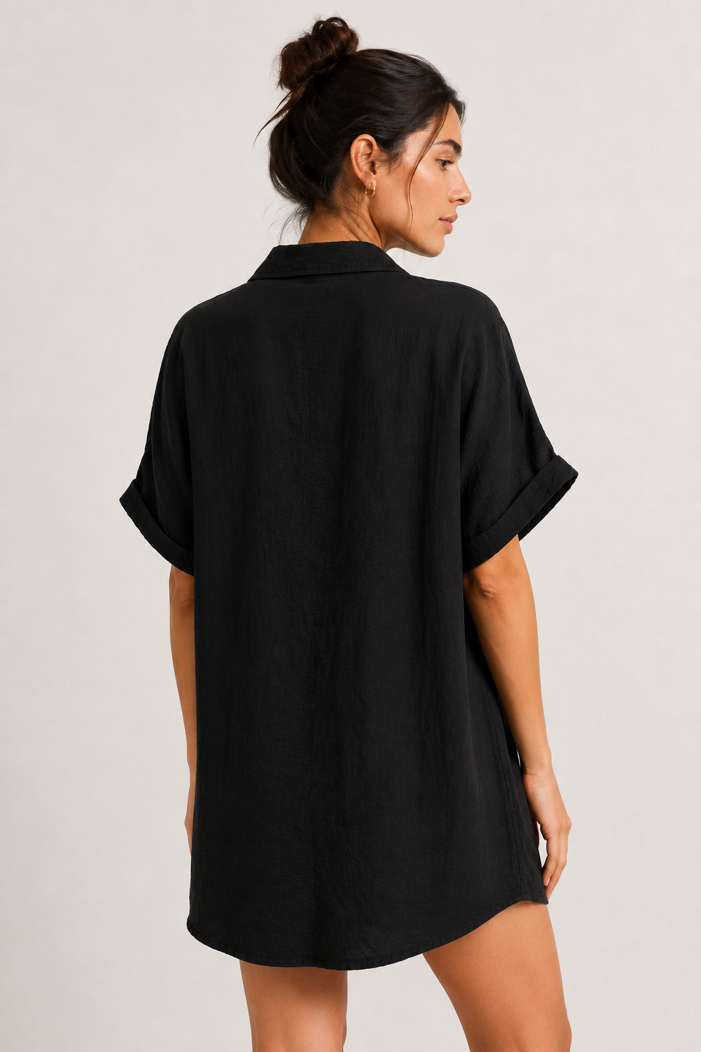 Womens solid onyx black short sleeve button down collared shirt dress