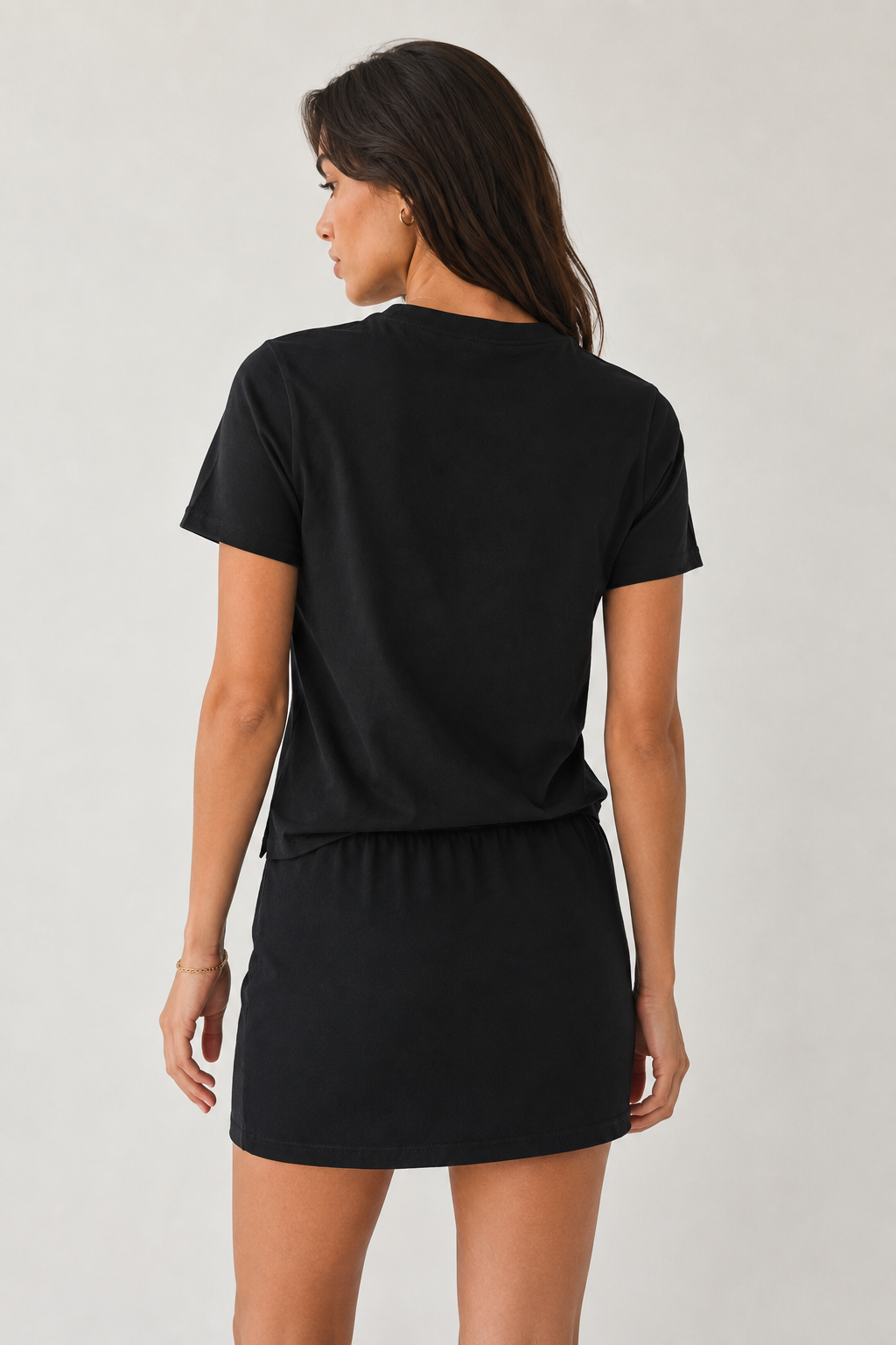 Womens casual solid onyx black short sleeve t-shirt mini dress