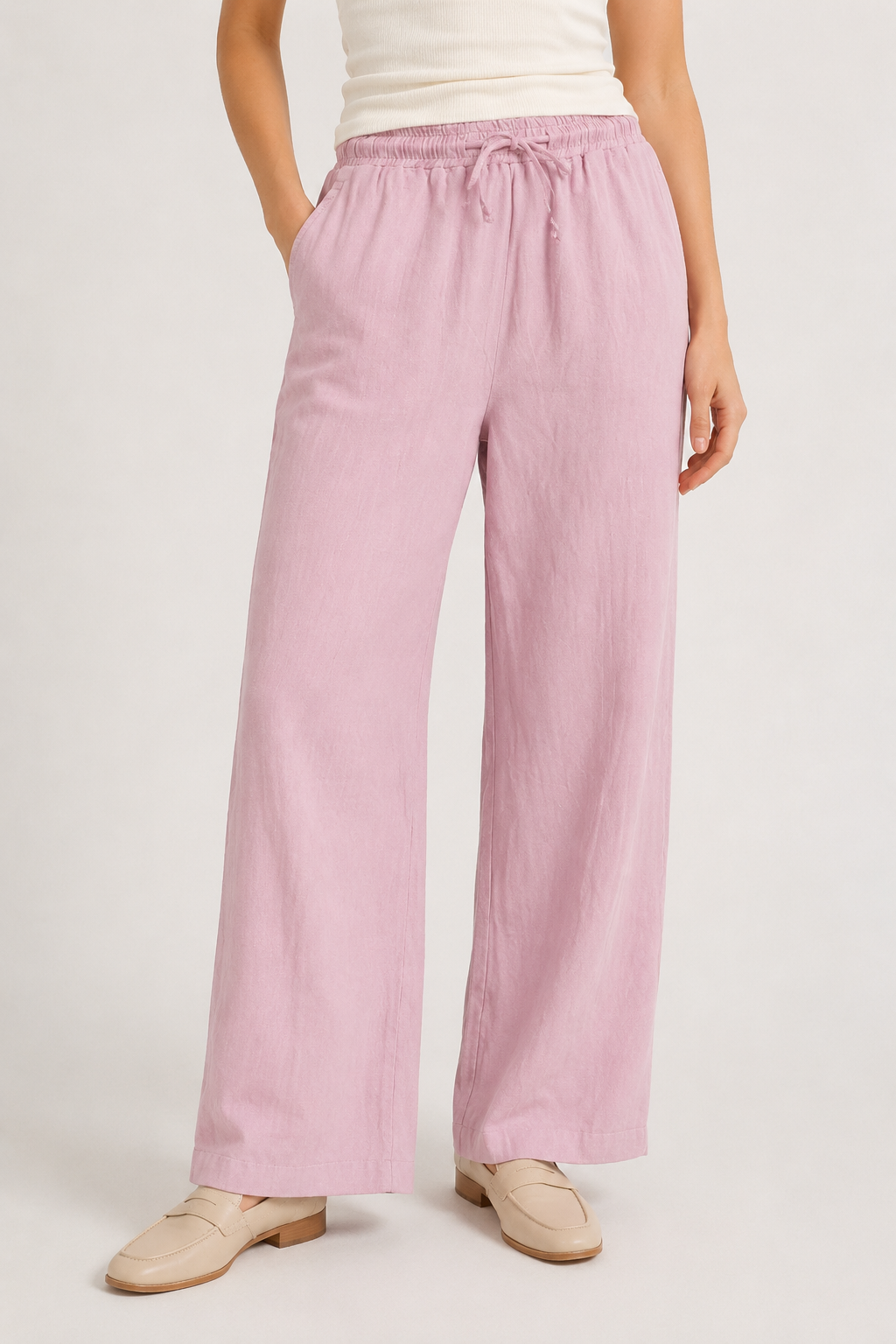 Woman wearing premium minimalist wide leg lounge pants
