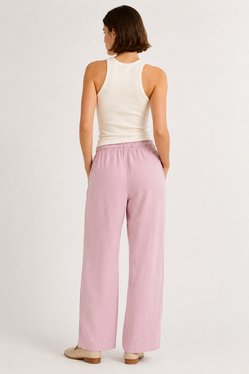 Woman wearing premium minimalist wide leg lounge pants