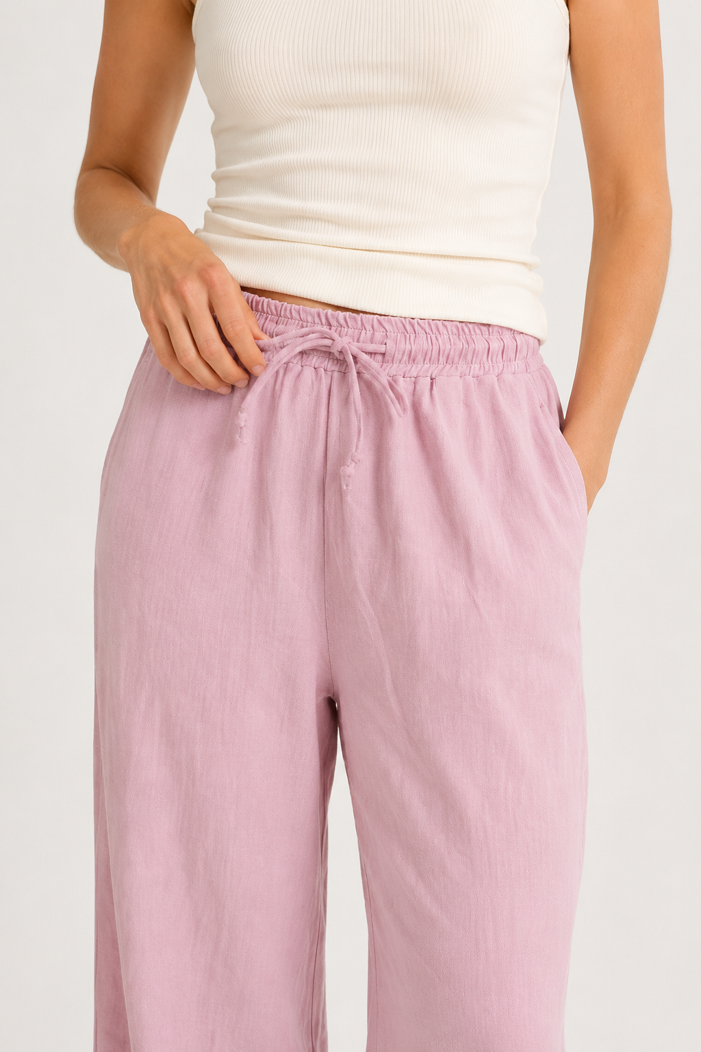 Woman wearing premium minimalist wide leg lounge pants