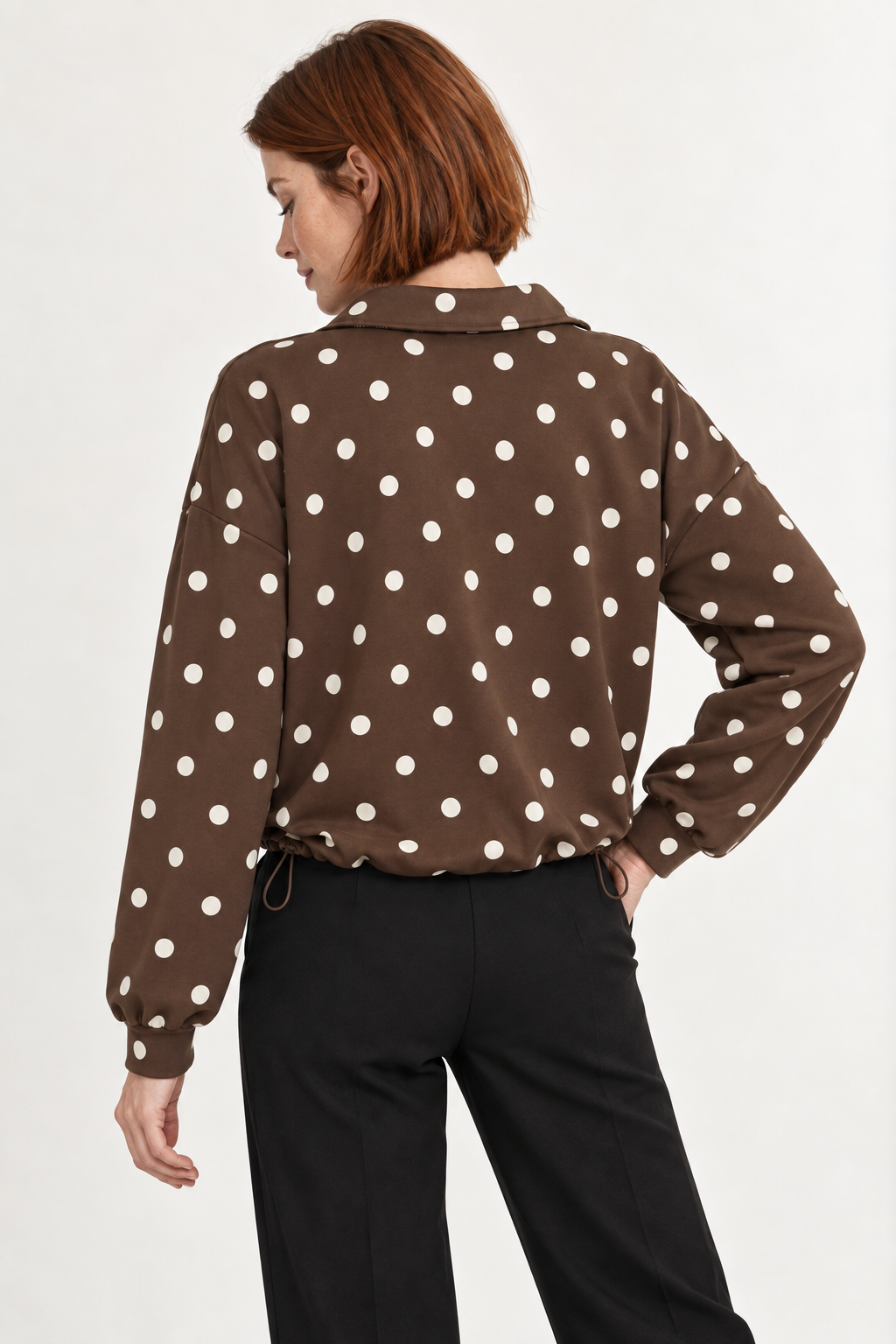 Pippa Polka-Dot Half-Zip in Brown, back turn view on an adult model.