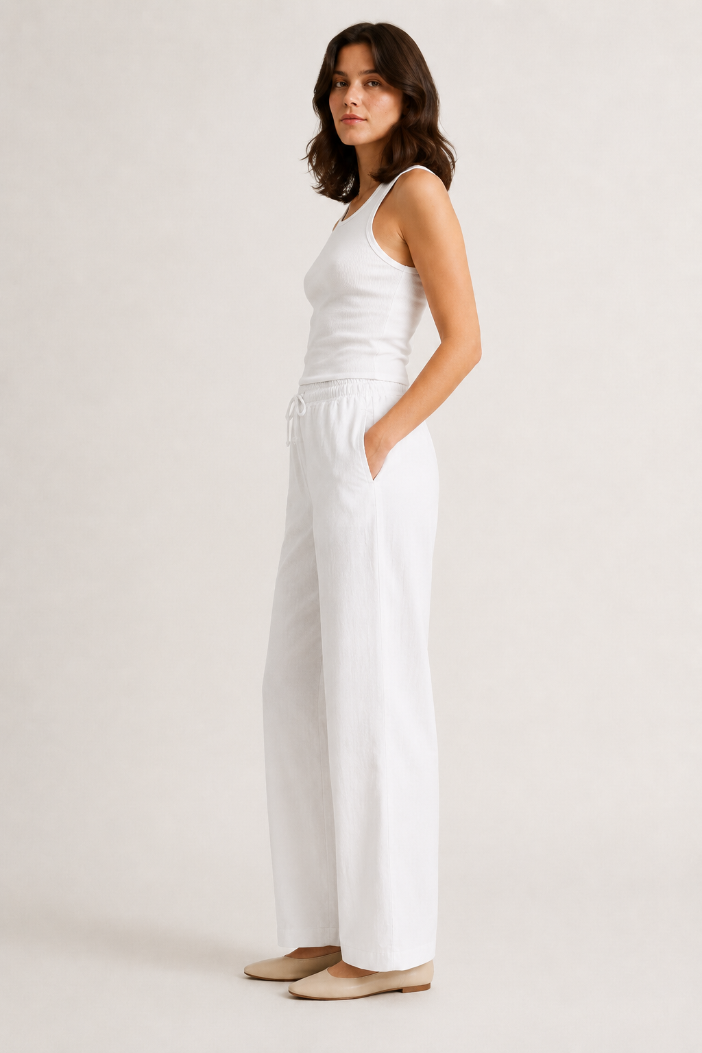 Woman wearing premium minimalist wide leg lounge pants