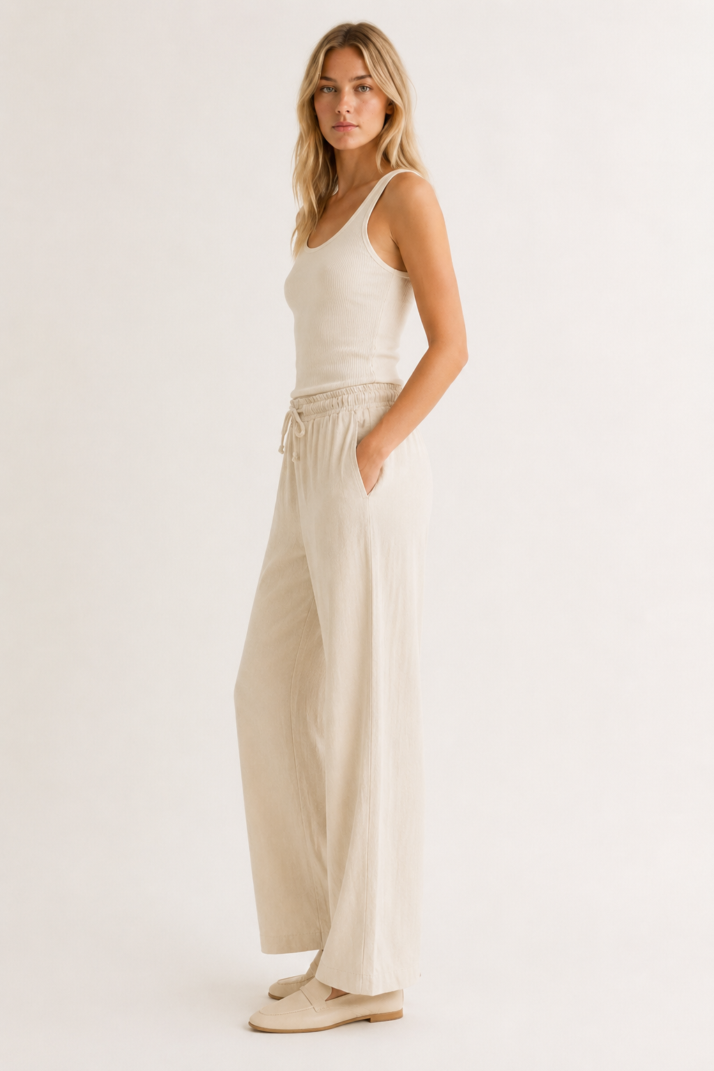 Woman wearing premium minimalist wide leg lounge pants