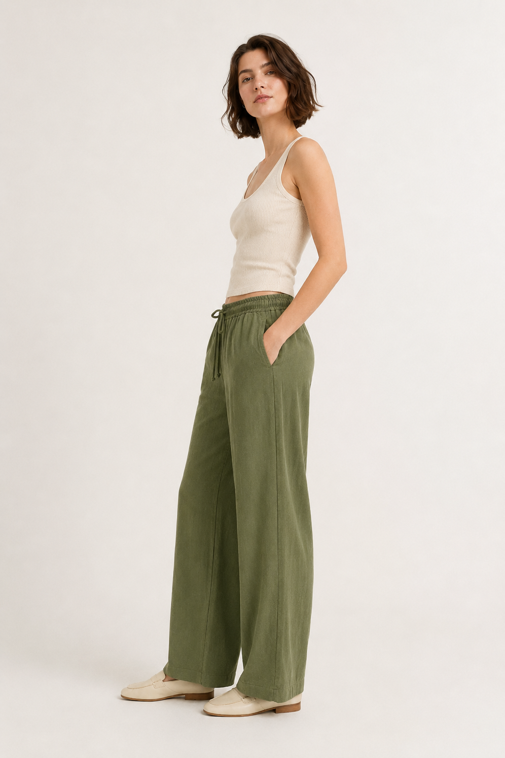 Woman wearing premium minimalist wide leg lounge pants