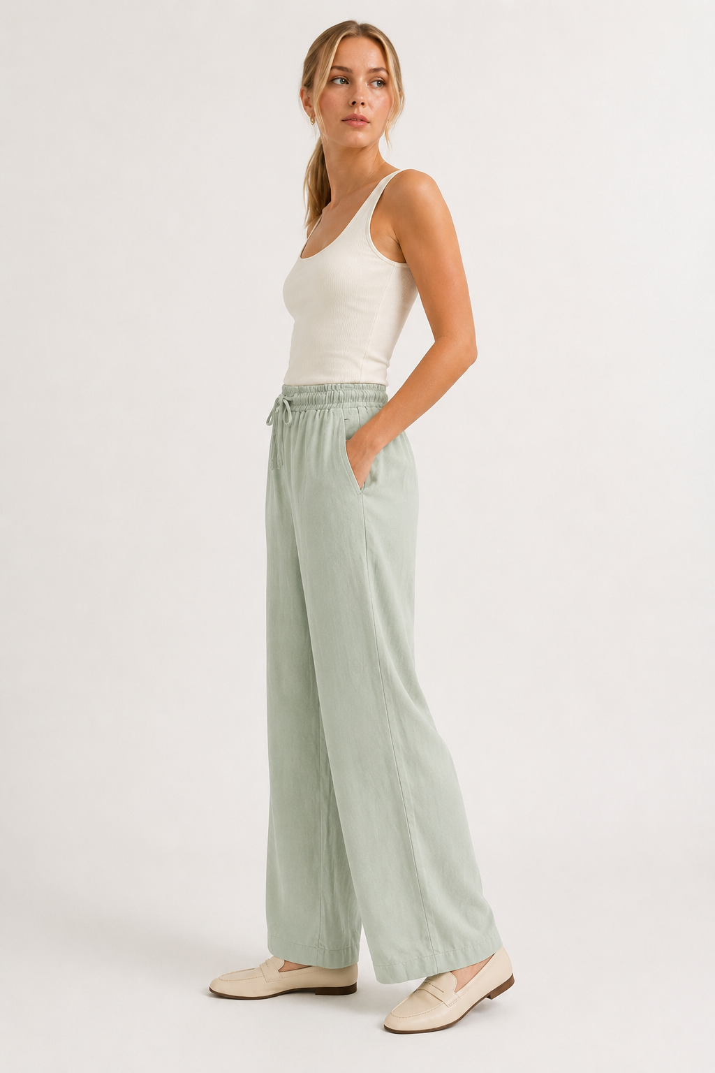 Woman wearing premium minimalist wide leg lounge pants