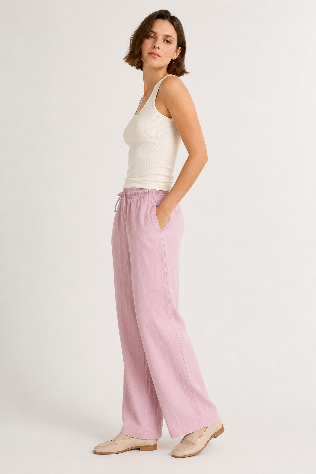 Woman wearing premium minimalist wide leg lounge pants