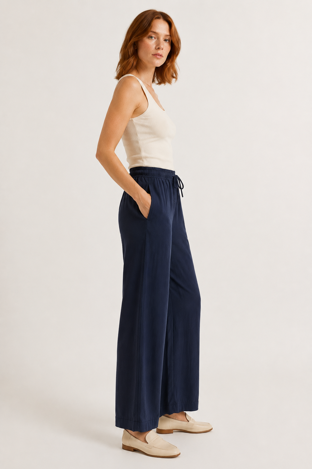 Woman wearing premium minimalist wide leg lounge pants