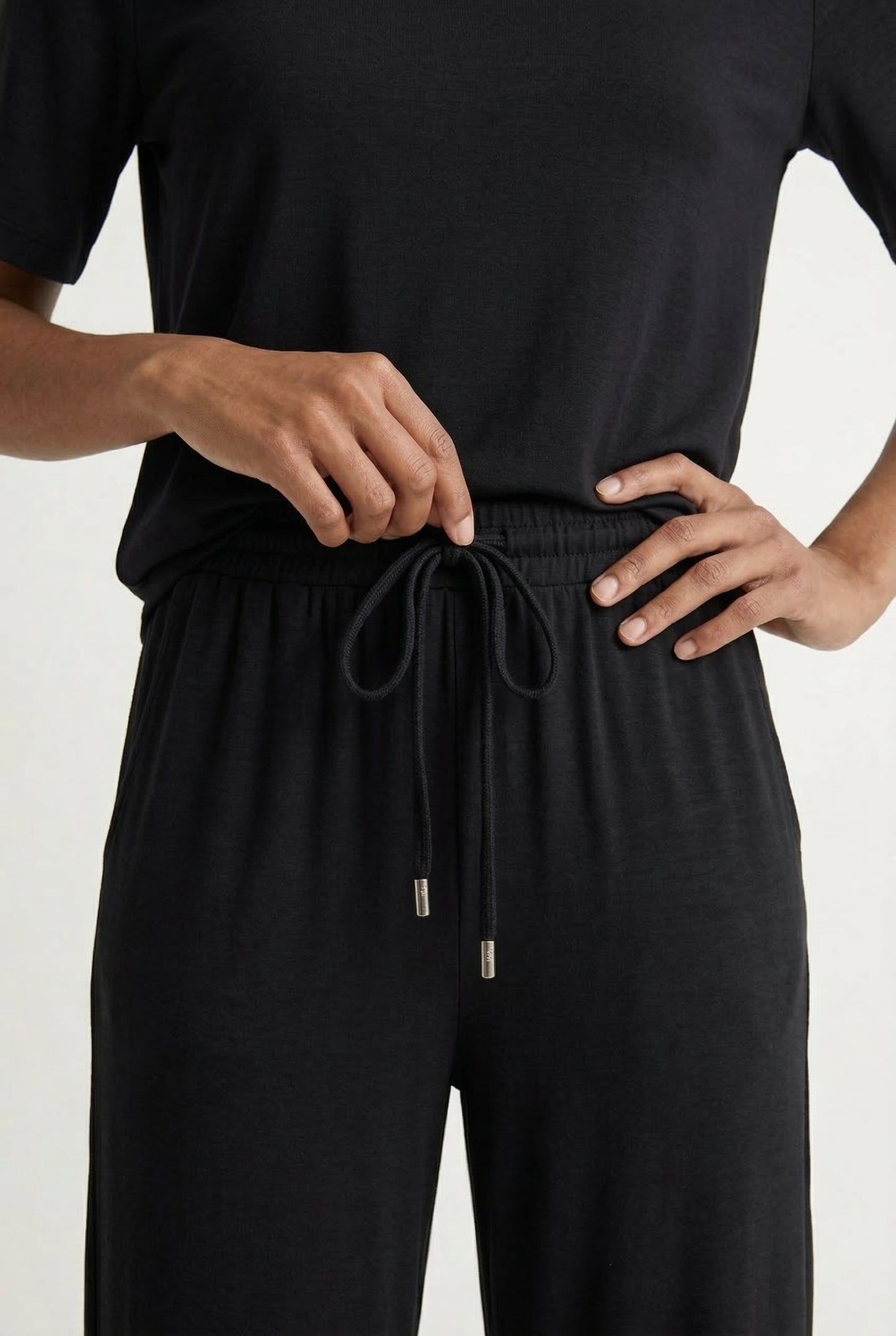 Women's short sleeve and cropped wide-leg pants matching lounge set in Rich Black