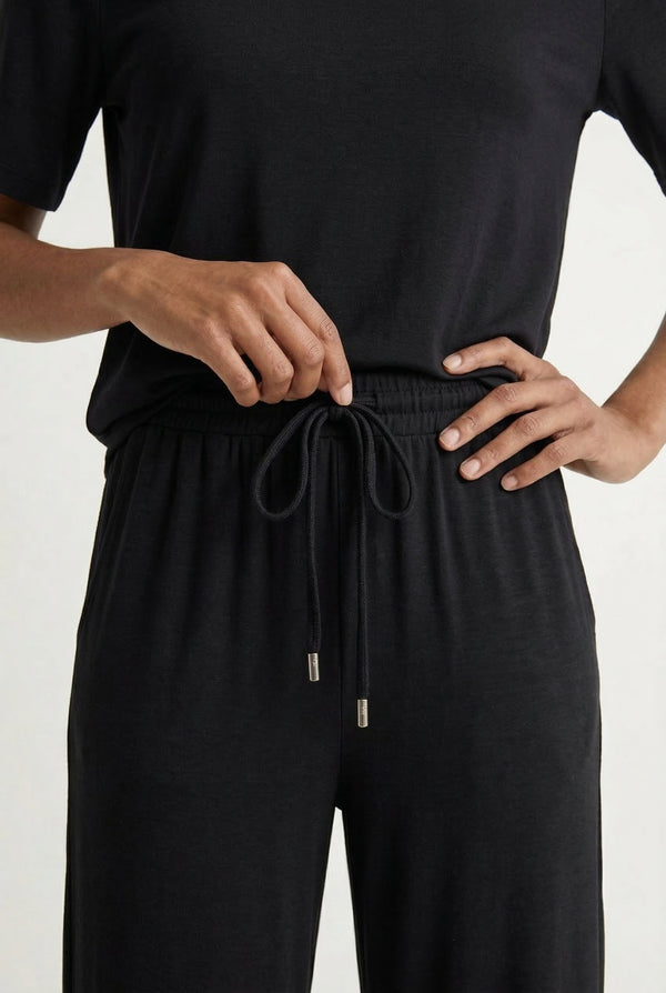 Women's short sleeve and cropped wide-leg pants matching lounge set in Rich Black