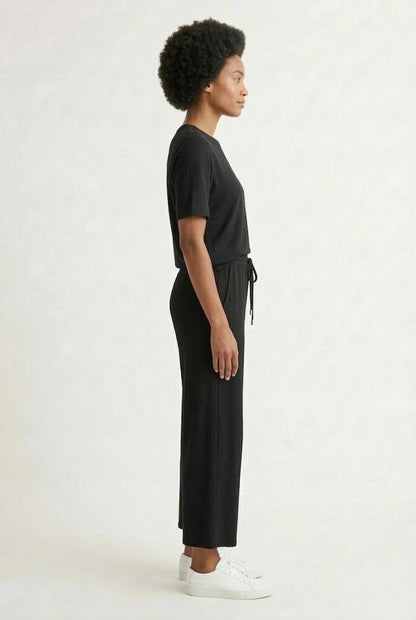 Women's short sleeve and cropped wide-leg pants matching lounge set in Rich Black