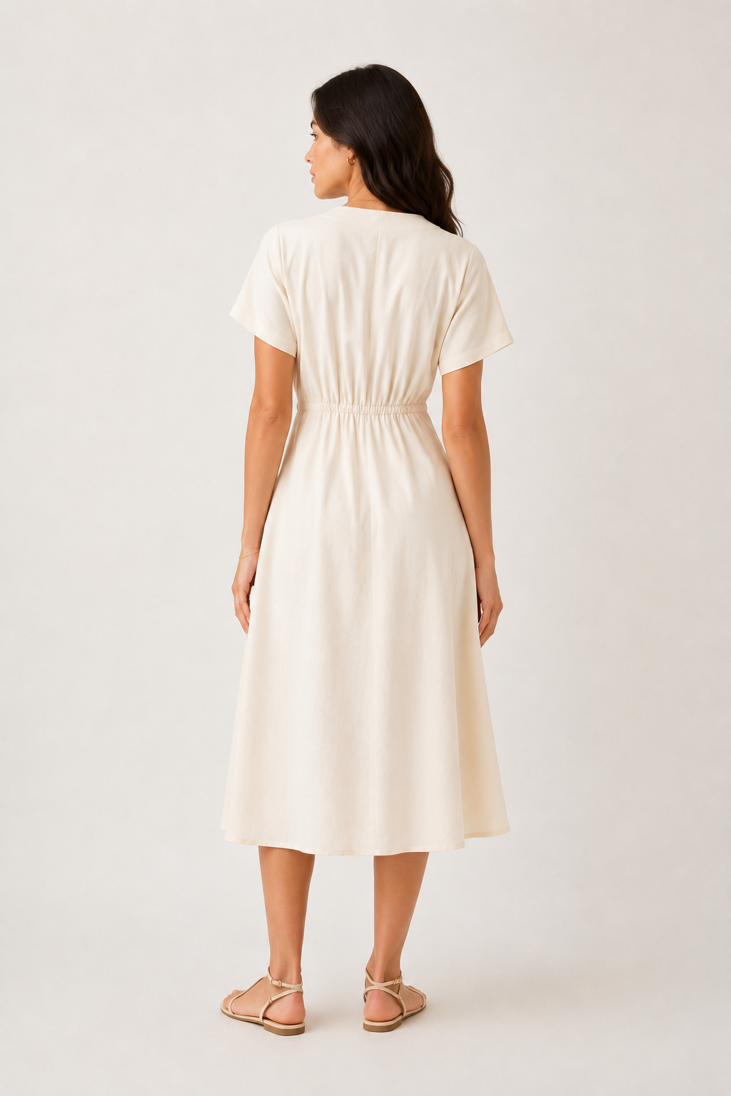 Model wearing the Sabine midi dress in light birch cream, front view studio shot.
