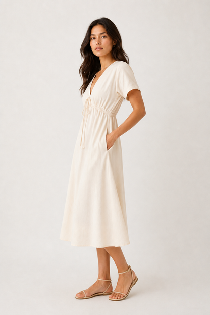 Model wearing the Sabine midi dress in light birch cream, front view studio shot.