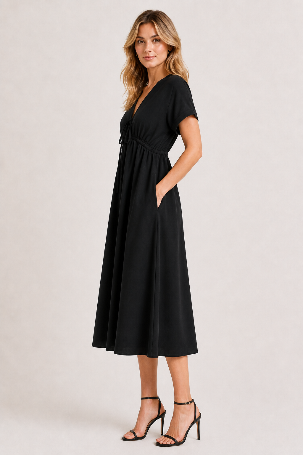 Model standing against a white studio background wearing the black onyx Sabine midi.