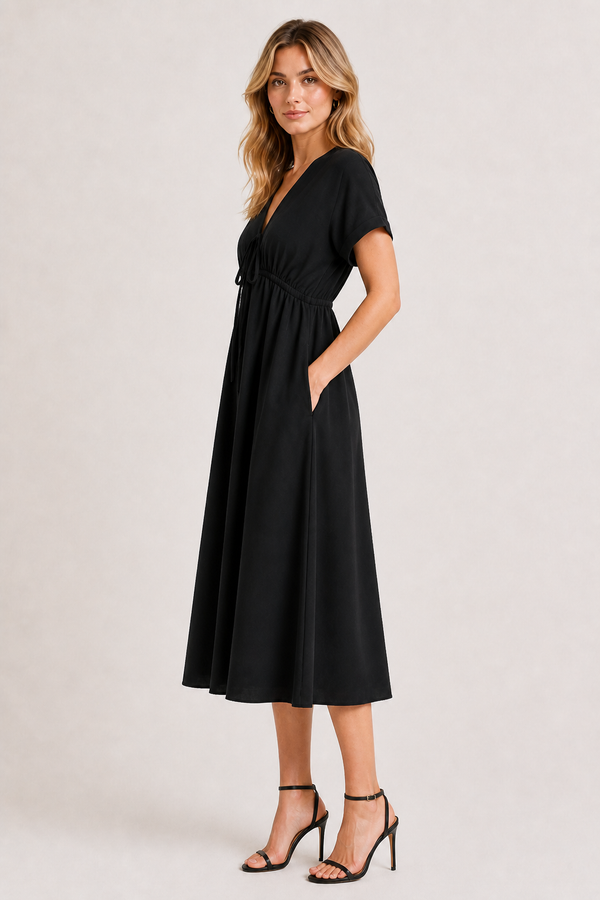 Model standing against a white studio background wearing the black onyx Sabine midi.