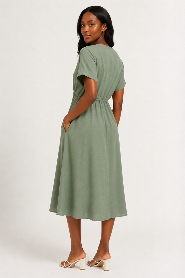 Front facing studio shot of a model in the sage frost green Sabine midi.