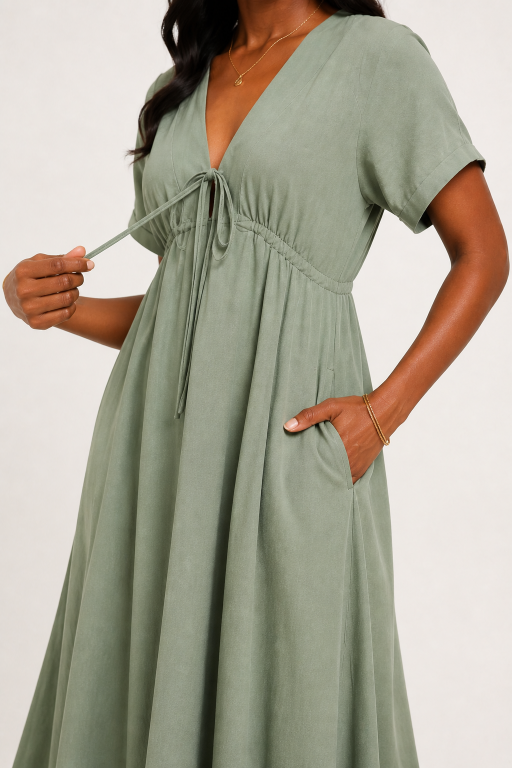 Front facing studio shot of a model in the sage frost green Sabine midi.