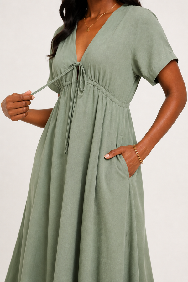 Front facing studio shot of a model in the sage frost green Sabine midi.
