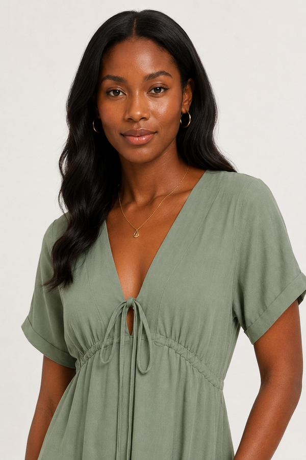 Front facing studio shot of a model in the sage frost green Sabine midi.