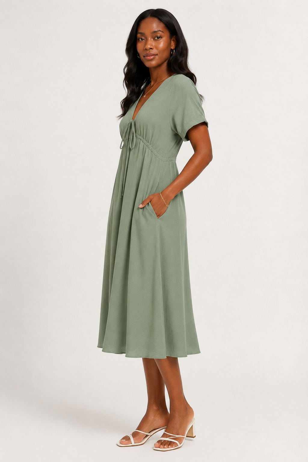 Front facing studio shot of a model in the sage frost green Sabine midi.