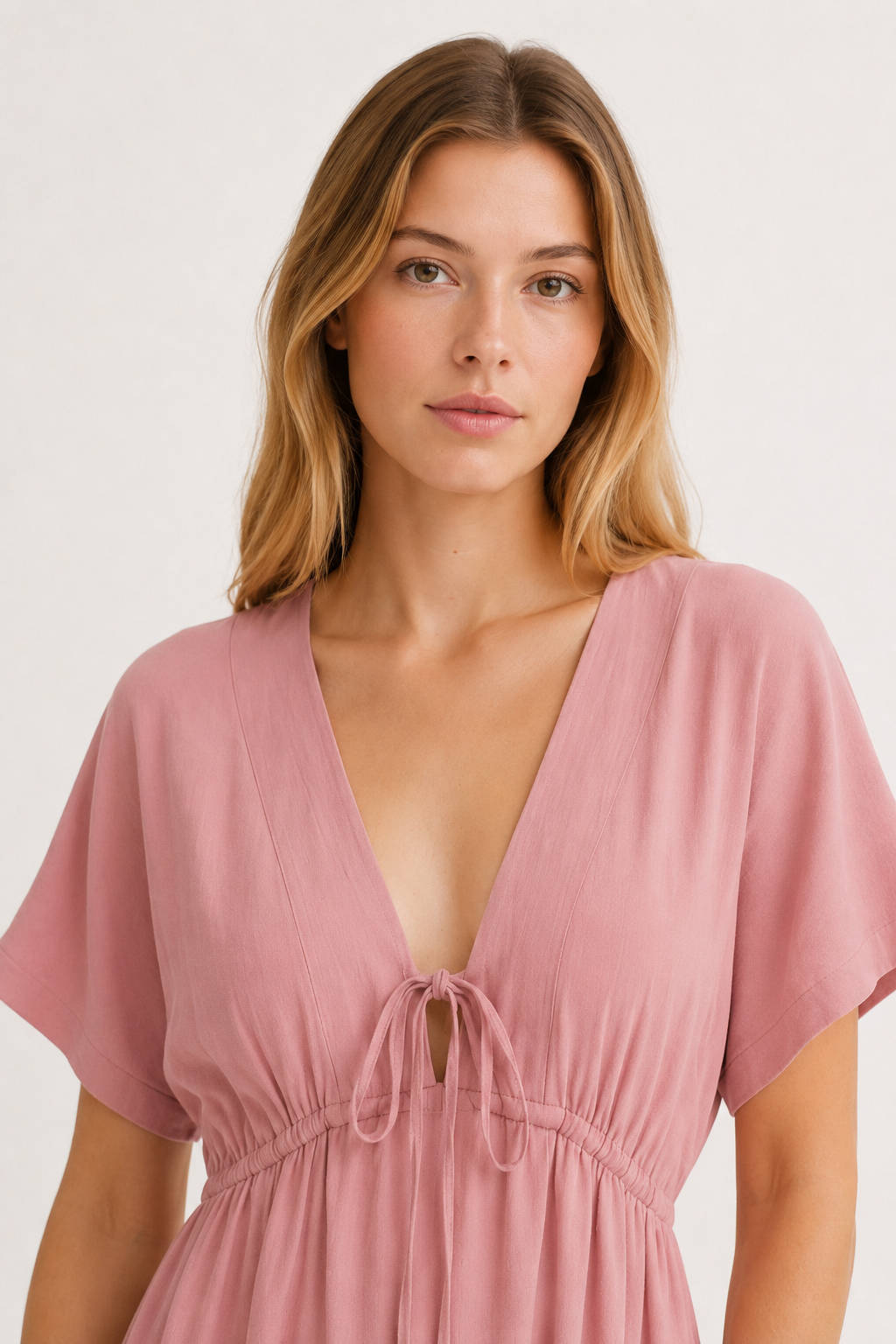 Studio shot of a model wearing the vintage rose pink Sabine midi, facing forward.