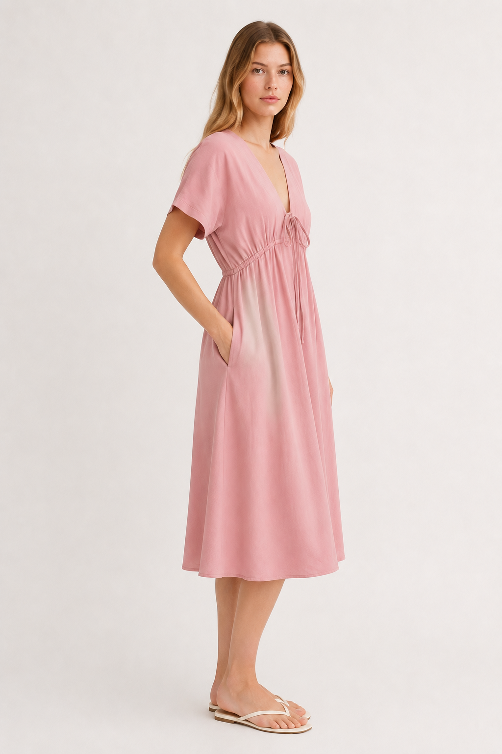 Studio shot of a model wearing the vintage rose pink Sabine midi, facing forward.