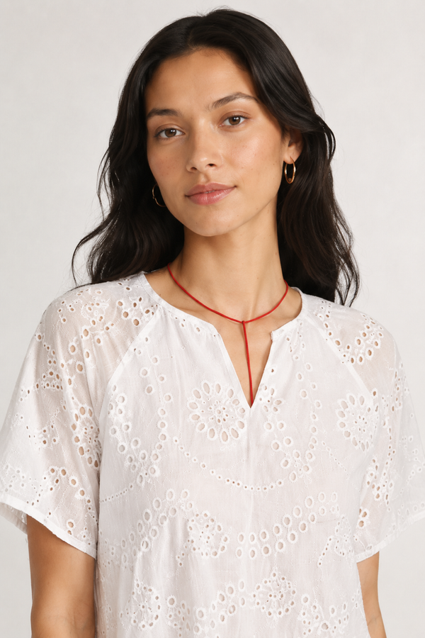 Woman modeling a short-sleeve v-neck midi dress in crisp white Blanc