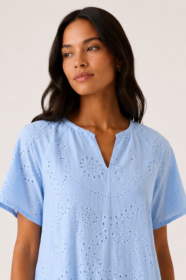Woman modeling a short-sleeve v-neck midi dress in light blue Celeste