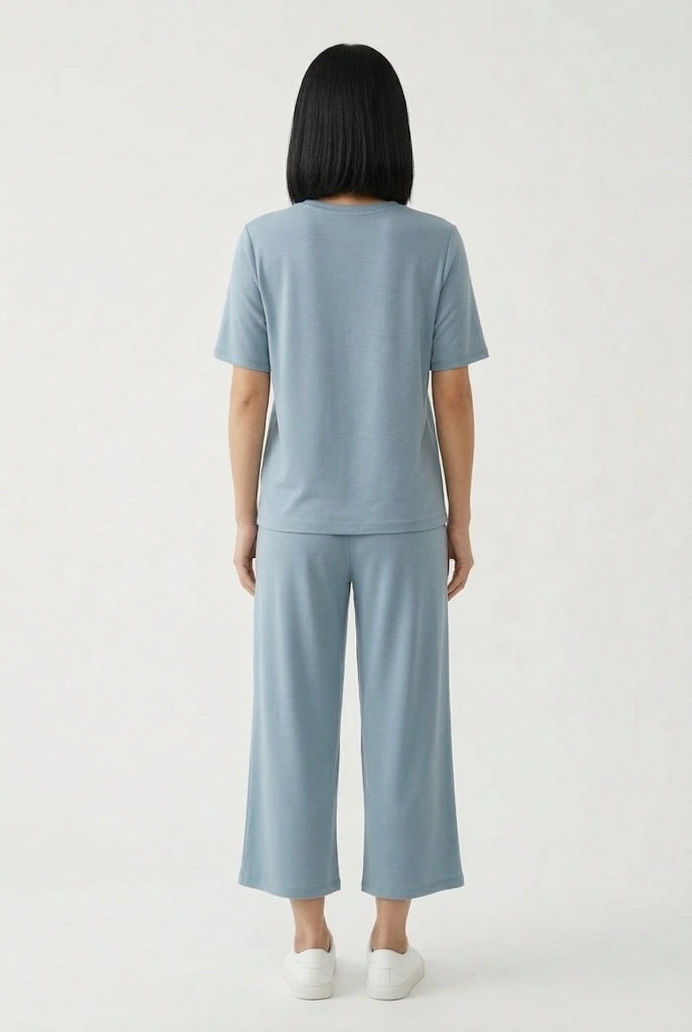 Women's short sleeve and cropped wide-leg pants matching lounge set in Slate light blue