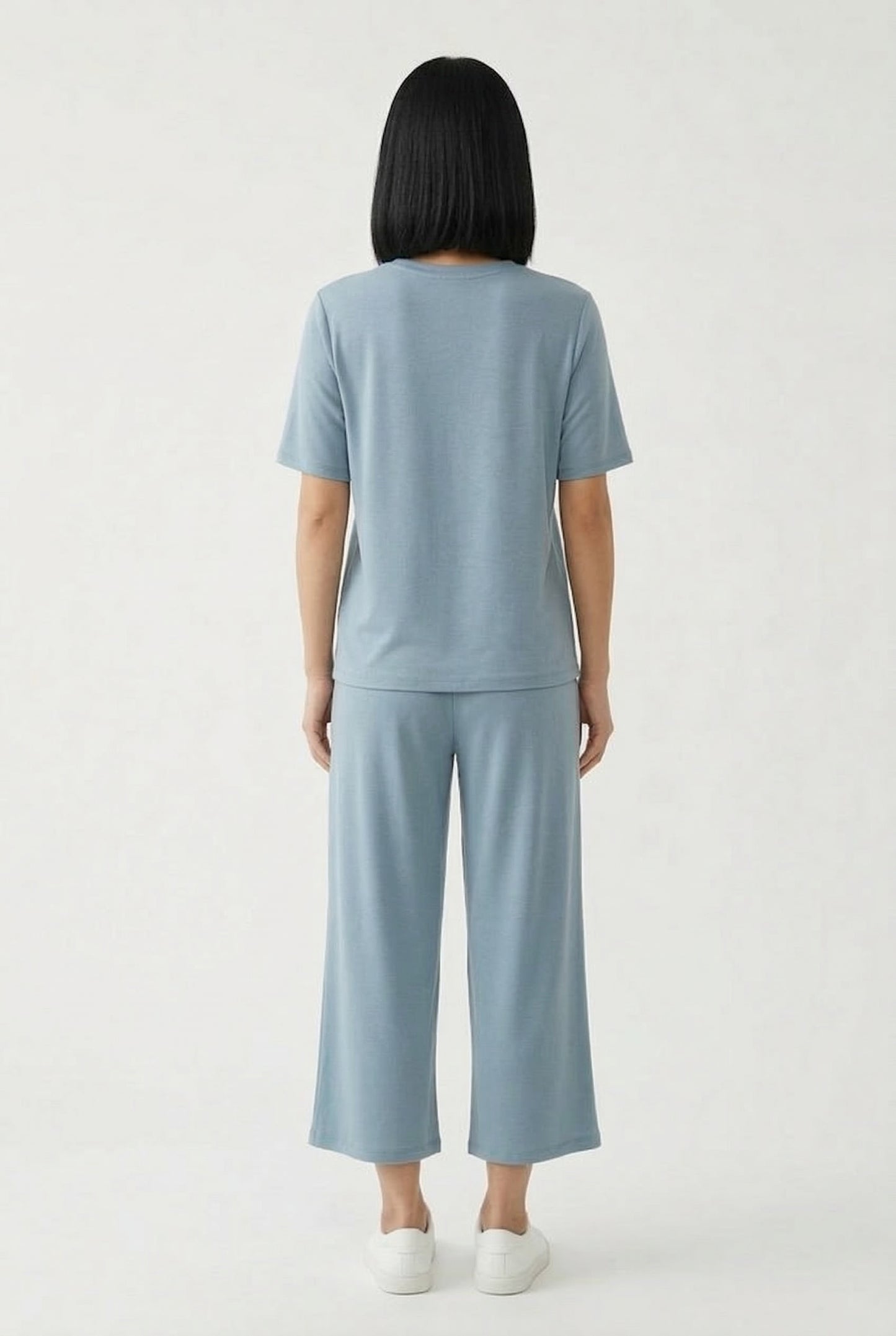 Women's short sleeve and cropped wide-leg pants matching lounge set in Slate light blue