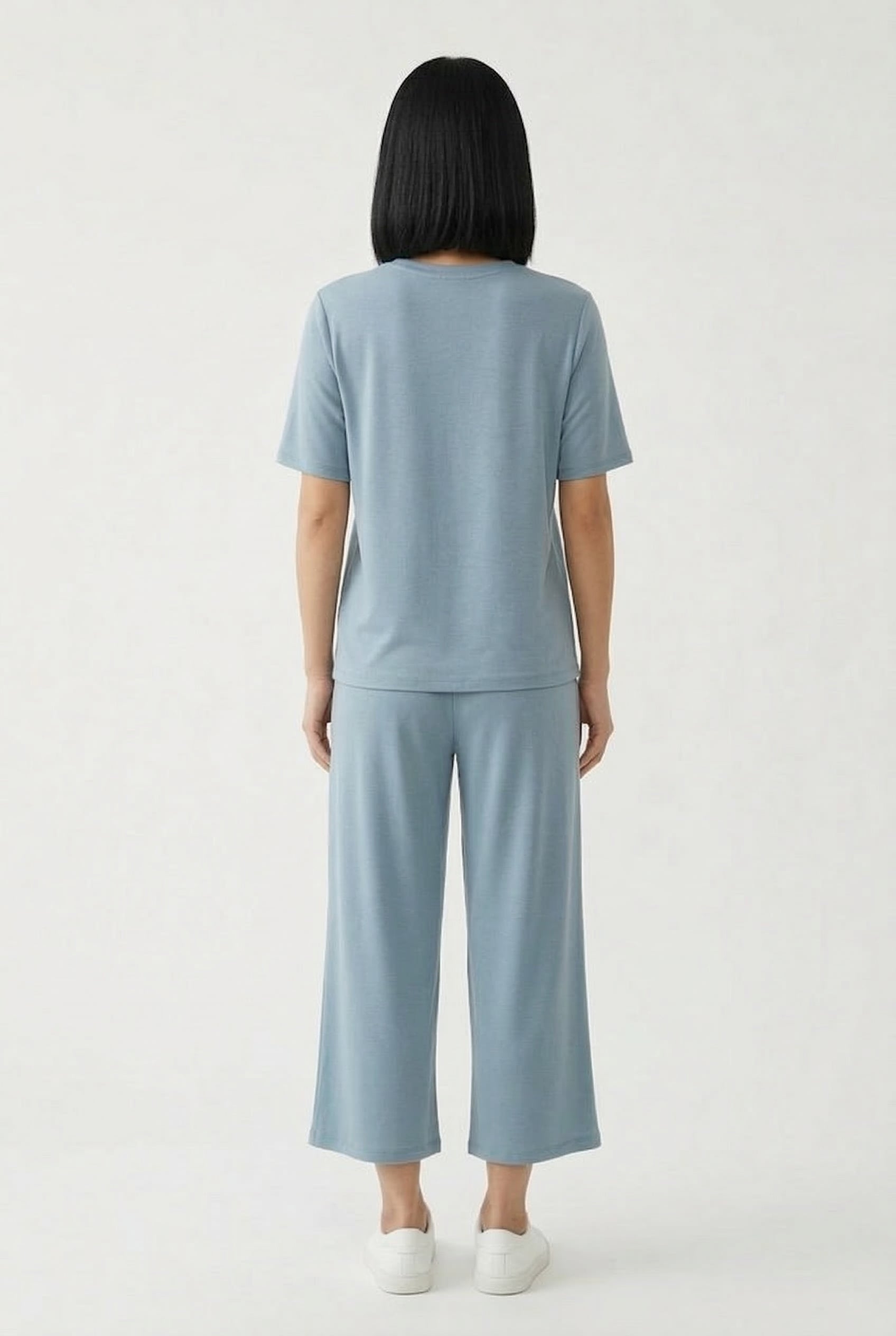 Women's short sleeve and cropped wide-leg pants matching lounge set in Slate light blue