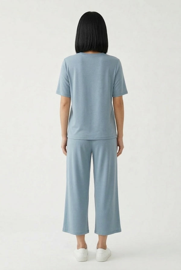 Women's short sleeve and cropped wide-leg pants matching lounge set in Slate light blue