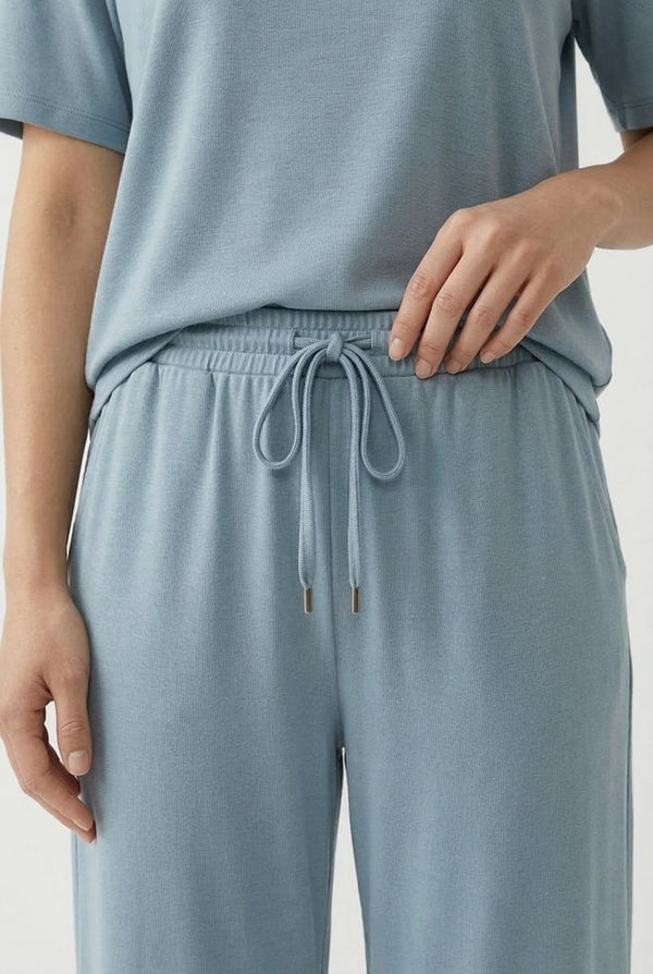 Women's short sleeve and cropped wide-leg pants matching lounge set in Slate light blue