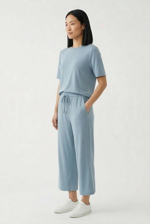 Women's short sleeve and cropped wide-leg pants matching lounge set in Slate light blue