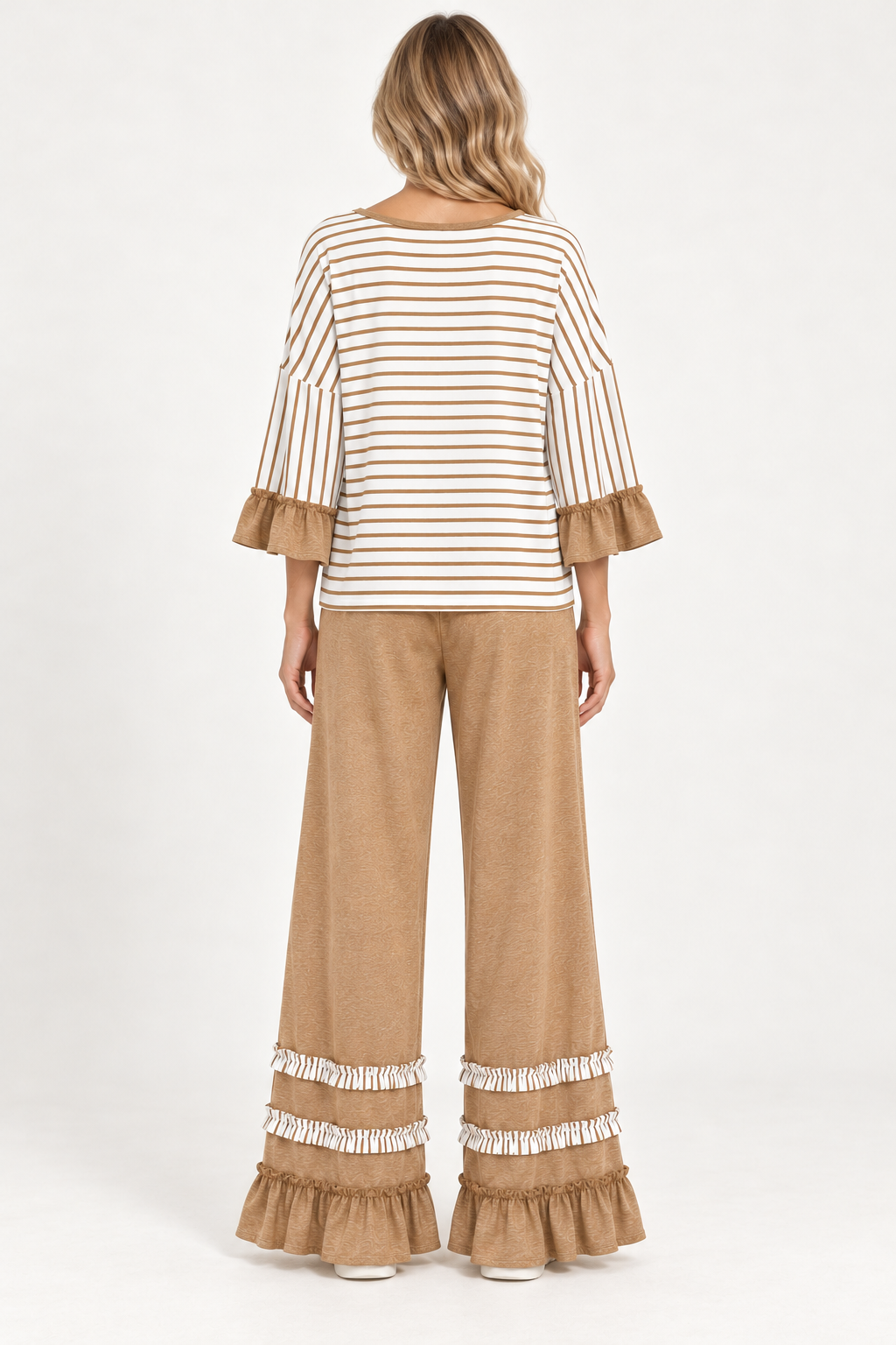 Back view of the Tess Striped Ruffle Set in Camel, with round back neckline and ruffled pant hems.