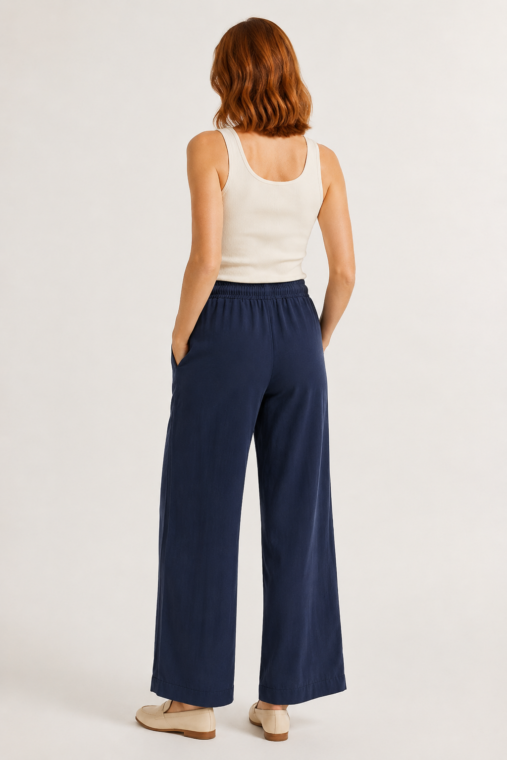 Woman wearing premium minimalist wide leg lounge pants