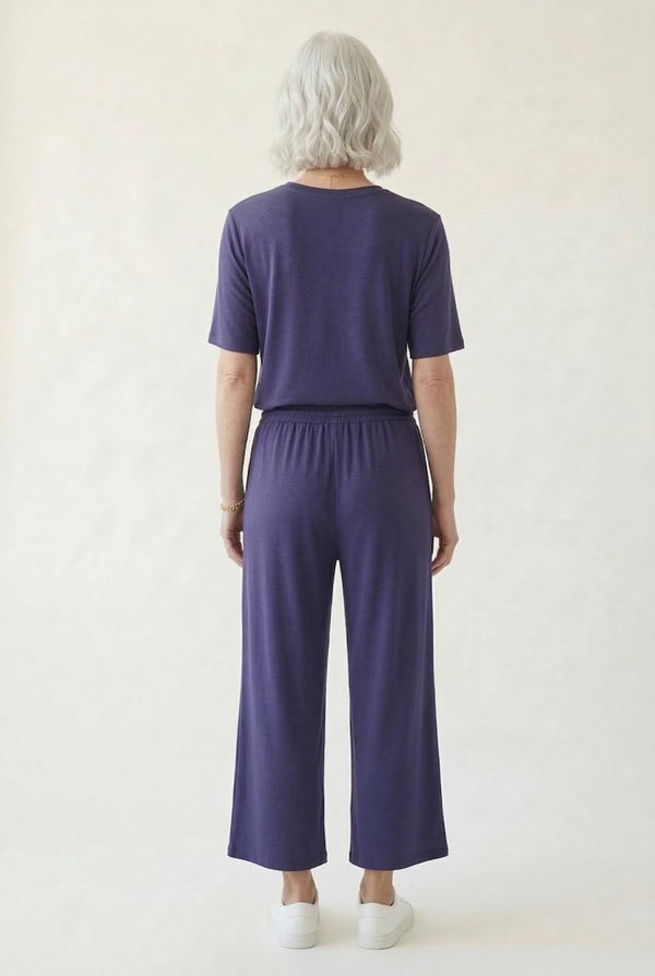 Women's short sleeve and cropped wide-leg pants matching lounge set in Total Eclipse dark navy