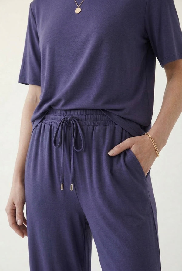 Women's short sleeve and cropped wide-leg pants matching lounge set in Total Eclipse dark navy