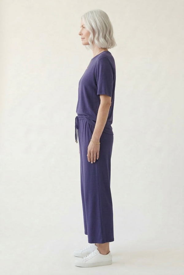 Women's short sleeve and cropped wide-leg pants matching lounge set in Total Eclipse dark navy