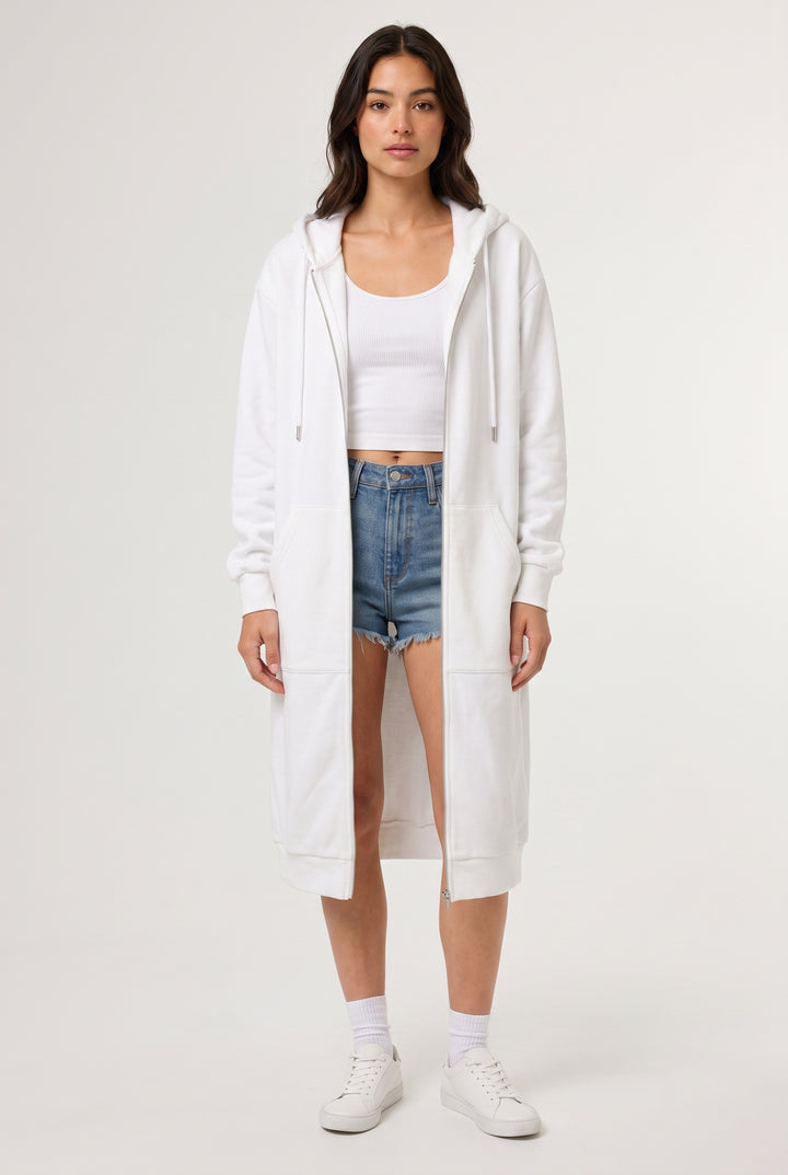Longline Zip Hoodie - Soft White
