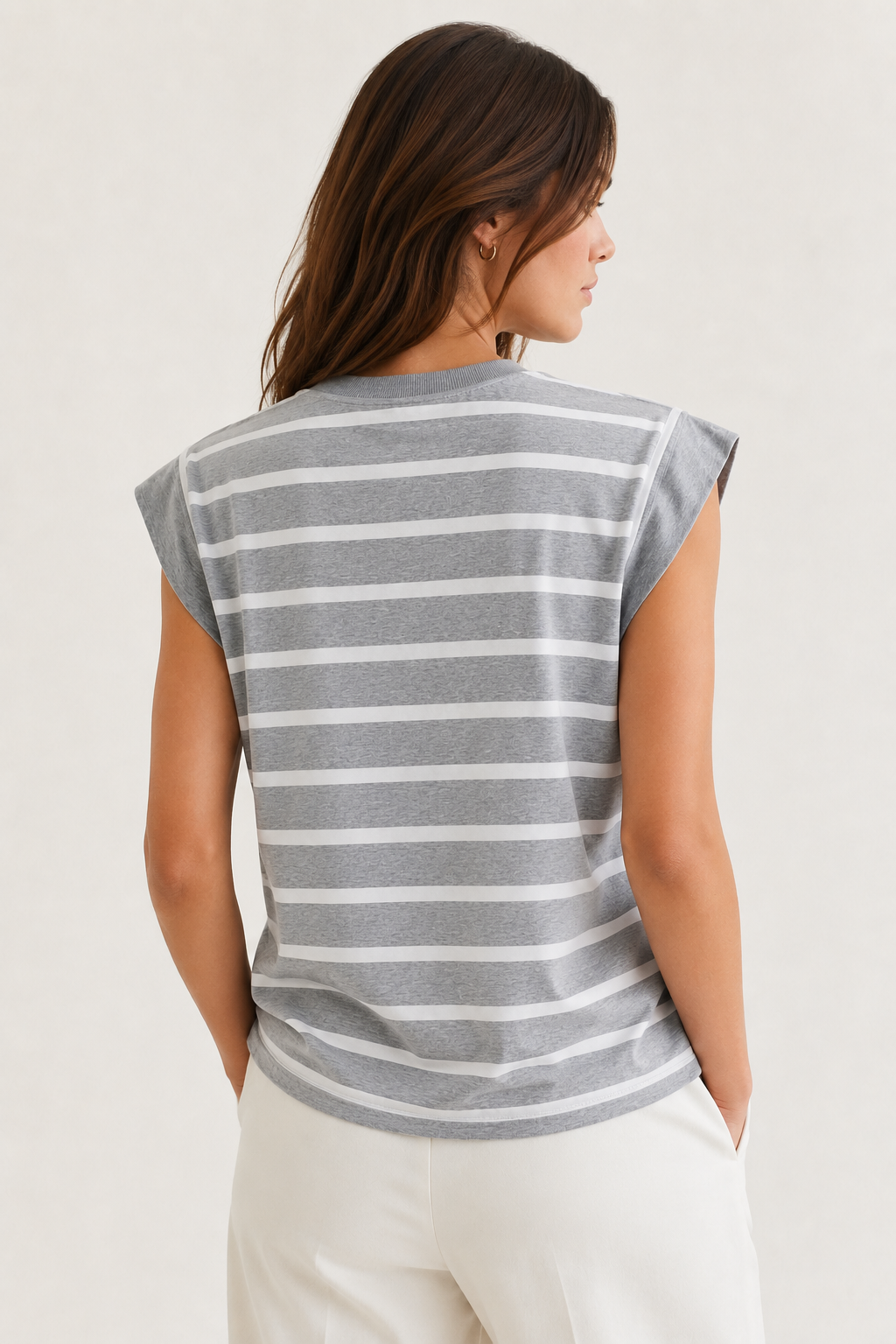 Women's casual sleeveless striped t-shirt in Heather Chrome Stripe