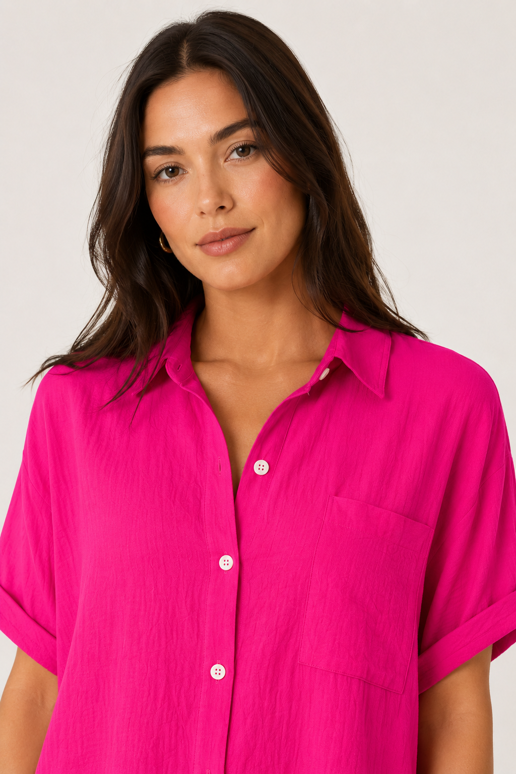 Womens bright cerise pink short sleeve button down collared shirt dress