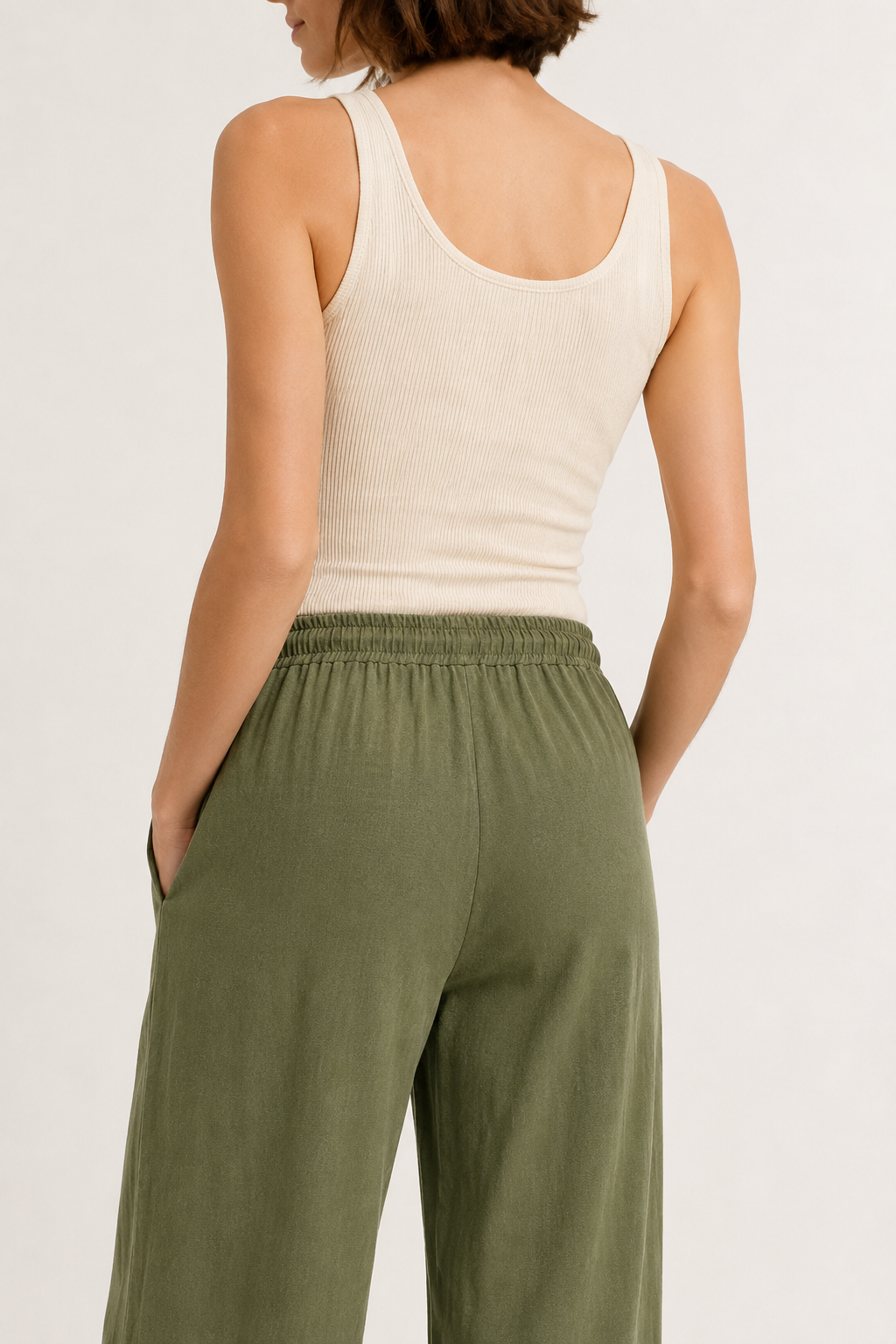 Woman wearing premium minimalist wide leg lounge pants