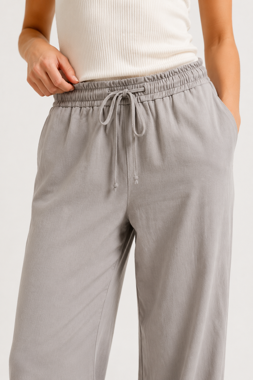 Woman wearing premium minimalist wide leg lounge pants