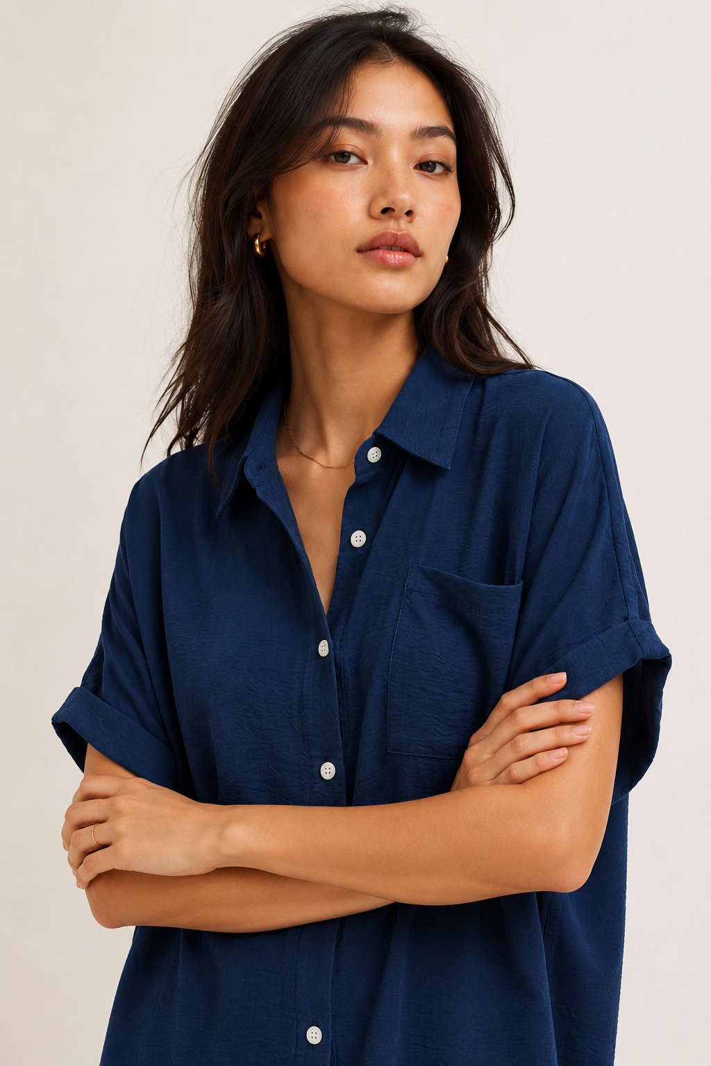 Womens dark midnight navy blue short sleeve button down collared shirt dress