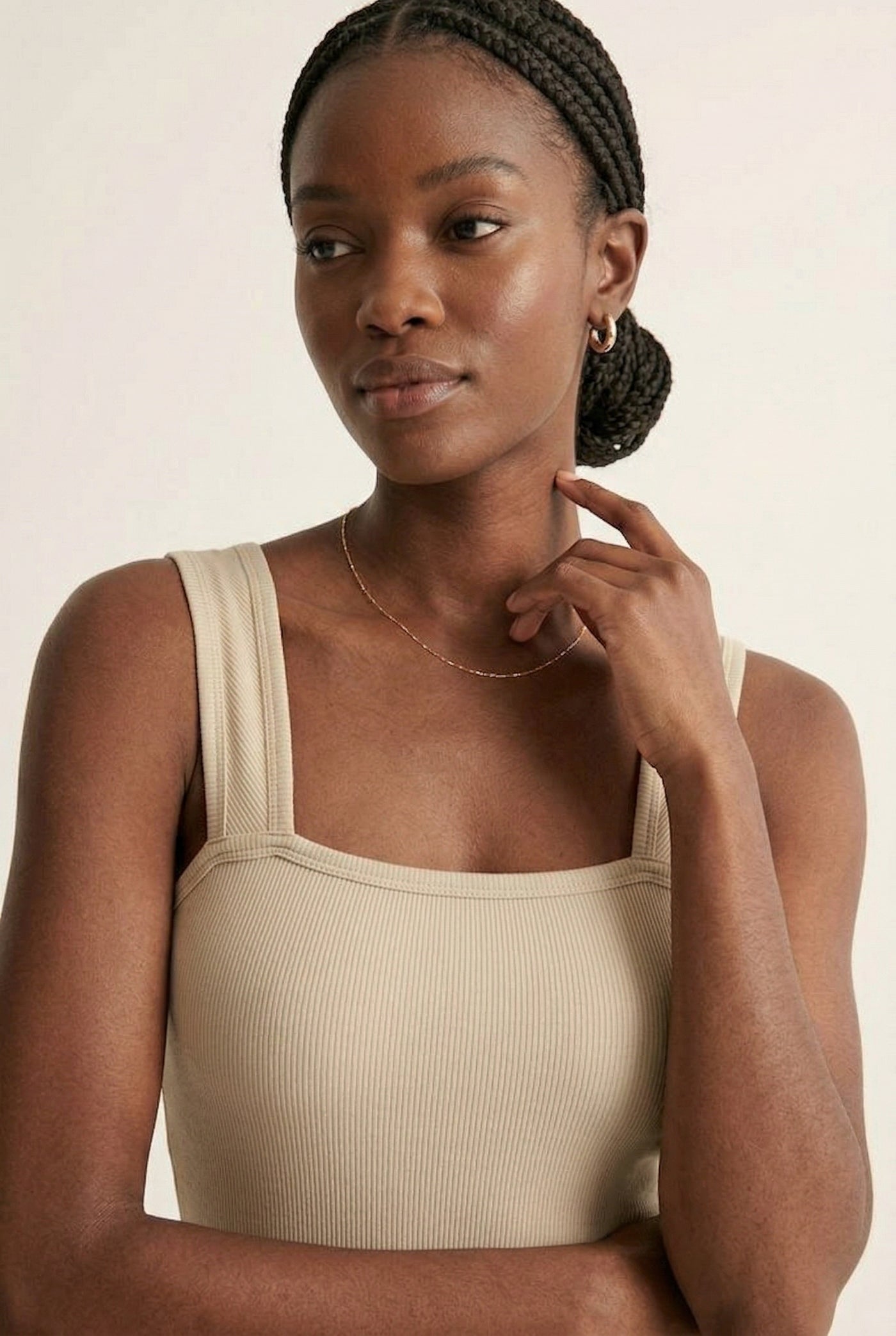 Model wearing an Almond beige square neck one-piece swimsuit